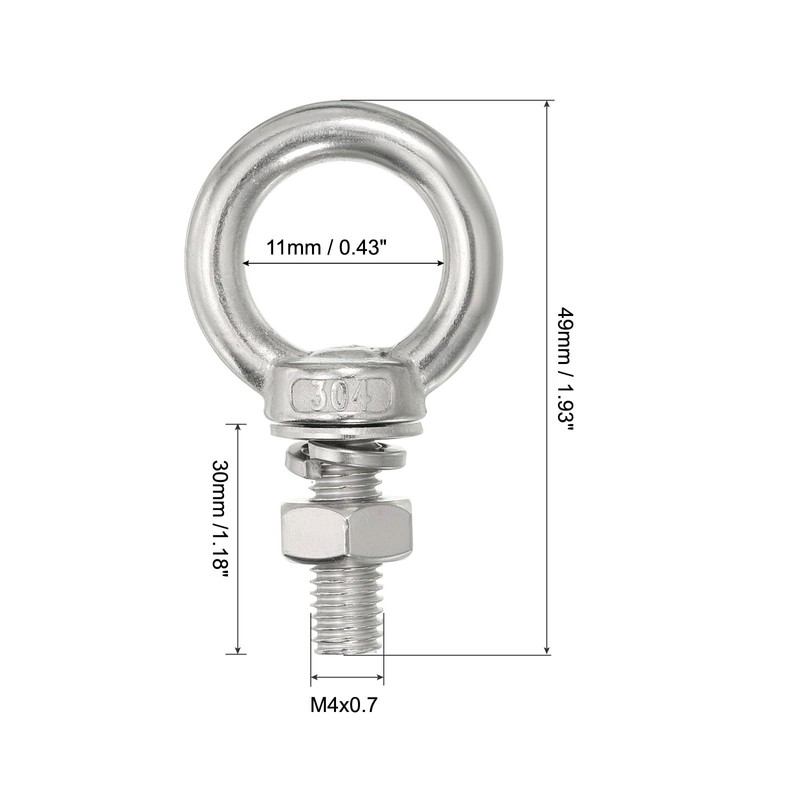 sourcing map M4 3/16"x1.18" Stainless Steel Eye Bolts Threaded Screw