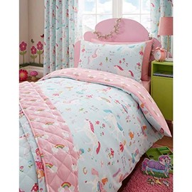 Kidz Club Magical Unicorns Childrens Single Bed Duvet Cover and Pillowcase, Blue, Polyester-Cotton