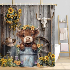 Western Highland Cow Shower Curtain, Farmhouse Cute Cowboy Barn Door Sunflower Bathroom Decor Set, Funny Rustic Cattle in Bucket Fabric Waterproof Bathroom Curtain with Hooks 70X70IN