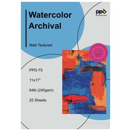 PPD Watercolor Printer Paper, 11 x 17 inches, 25 Sheets, Heavy 240 gsm/60 lb, Textured, Acid-Free, Compatible with Inkjet Printers