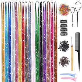 16 Colors Hair Tel Kit with Tools 3200 Strands Glitter Tel Hair Extensions Heat Resistant Sparkling Shiny Fairy Hair Accessories for Women Girl Kids 47Inch - Color: 16Colors-A