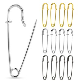 12 Pack Extra Large Safety Pins Blanket Pin Heavy Duty Pin Bulk for Blankets Crafts Kilts Skirts Clothes Leather Canvas Silver Black Gold Metal Safety Pins Assorted Colors Spring Lock Pins Fasteners