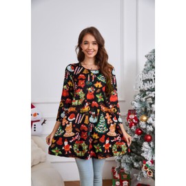 Enmain Women Christmas Tunic Tops Long Sleeve Plus Size Long Tunic Tops 3/4 Sleeve Blouse Xmas Loose Fit Blouse Round Neck Comfortable Festive Holiday Swing Top,Christmas Black 2,XL
