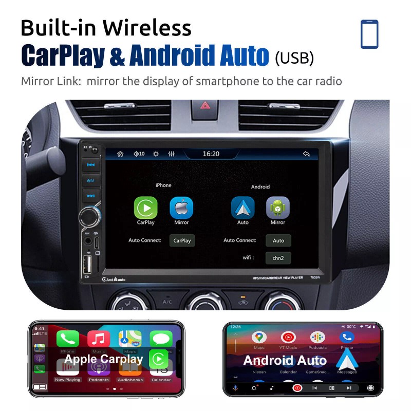 ESSGOO 7" Double 2 DIN Wireless Apple Carplay Car Stereo