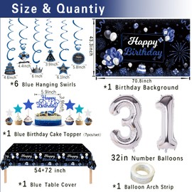 Miidenks 31st Birthday Decorations Set for Men, Navy Blue Silver Black Happy 31 Birthday Party Decorations with Birthday Backdrop Banner Birthday Tablecloth 31 Number Balloons for Him