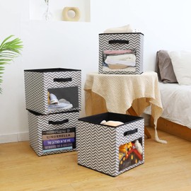 DOMEraax Cube Storage Bin 4 Pack with Clear window Large Boxes Basket with Handles Fabric Closet Organizer 13" x 13" x 13" Gray Chevron