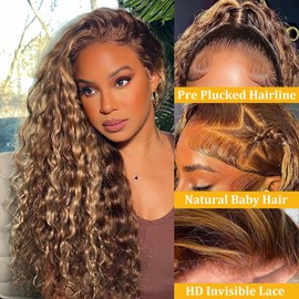 Ombre Highlight Lace Front Wig Human Hair Pre Plucked 13x6 HD Transparent Lace Frontal Wigs Human Hair 180% Density Loose Deep Wave Wigs for Black Women 4/27 Honey Blonde Human Hair Wig Colored 30inch