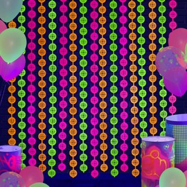 Mega-L Glow in The Dark Party Supplies, 2 Pack Neon Disco Party Decorations 3.3 x 6.6 ft Fuchsia, Yellow and Orange Disco Ball Tinsel Foil Fringe Curtains, Photo Booth Prop Backdrop Birthday Decor