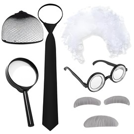 6-teiliges verrücktes Wissenschaftler-Kostüm, inklusive krauser weißer Perücke, Brille, Haarnetz, lustige Schnurrbärte, Augenbrauen, Krawatte und Lupe, Kinder-Wissenschaftskostüm für Festival, Party