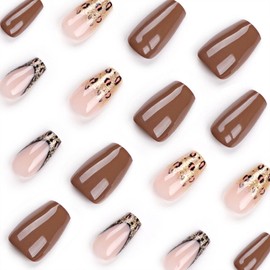 Fall Press on Nails Short Coffin Fake Nails with Golden Glitter Leopard Designs French Tip Nails Press ons Glossy Glue on Nails Brown Acrylic Nails Nude False Nails Stick on Nails for Women 24Pcs