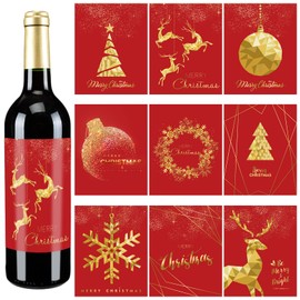 Whaline 54Pcs Christmas Bottle Label Stickers Red Gold Waterproof Wine Bottle Sticker Covers Holiday Christmas Party Wine Bottle Decorations Elk Xmas Tree Snowflake Self-Adhesive Stickers, 9 Designs