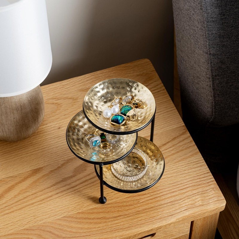 MyGift 3 Tier Jewelry Dish Organizer - Hammered Brass Plated