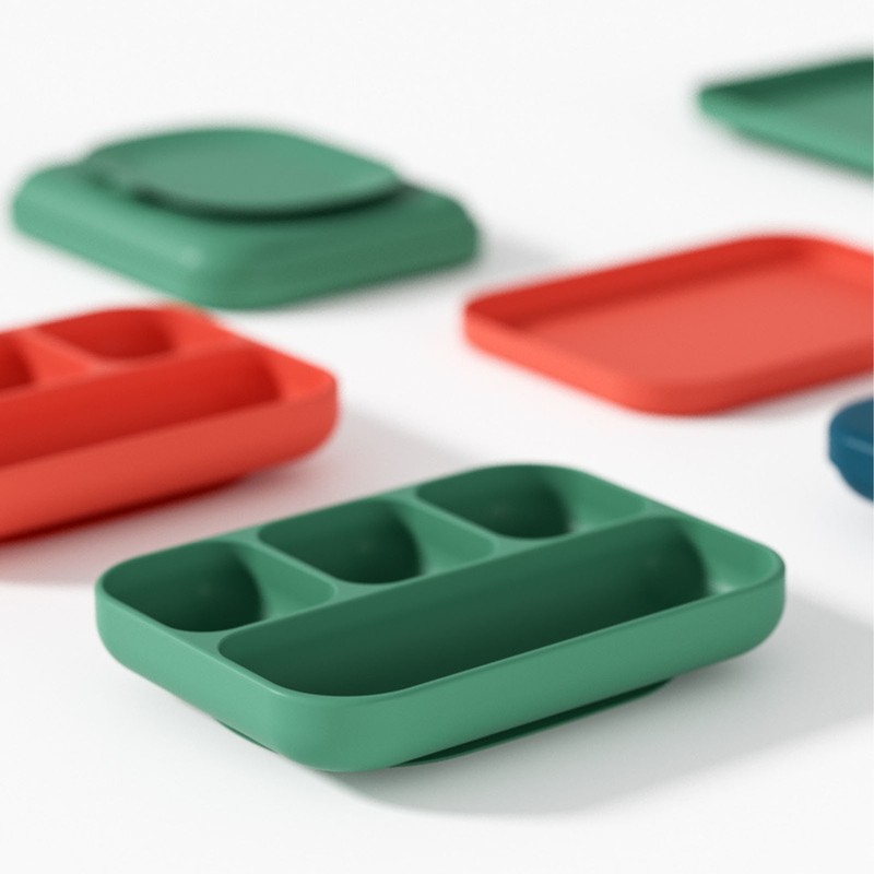 Baby Silicone Divided Food Plate with Lid Drop Resistant Suction