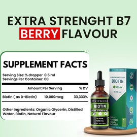 Liquid Biotin 10,000mcg with Organic Berry Flavour - Liquid Drops Biotin for Hair Growth for Women and Men, Supports Strong Nails and Healthy Skin - Extra Strength Vegan Formula | 60 Servings
