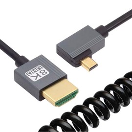 NFHK Cable Micro HDMI 2.1 Male to HDMI Male 8K 60Hz Stretchable Coiled Cable Right Angle 90 Degree Angled for HDTV Camera Laptop Monitor