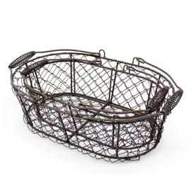 CVHOMEDECO. Oval Metal Wire Egg Basket Wire Fruit Basket with Handle Primitives Vintage Style Storage Basket. Rusty, Set of 2