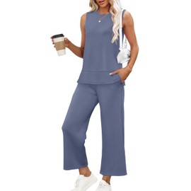 XIEERDUO Travel Outfits for Women Two Piece Lounge Set Summer Trendy Tracksuit Wide Leg Loungewear Airport Cruise Resort Wear Women's Casual Spring Jumpsuit Blue L