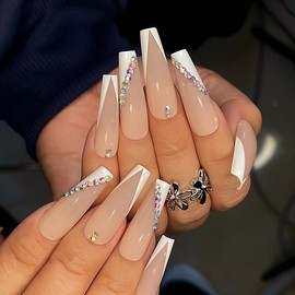 Gufonkod French Tip Press on Nails Long False Nails with Glue on Nails Rhinestones Fake Nails Press On Coffin Acryilc Nails for Women Glossy Stick on Nails 24PCS