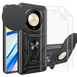 PENGPAI Mica Funda para Honor Magic 6 Lite 5G Case Uso Rudo + 2 Piezas Protector de Pantalla Screen Hydrogel Acrílico Carcasa Cover(Negro + 2 Mica)