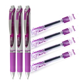 Pentel EnerGel Retractable Liquid Gel Rollerball, 0.7mm Medium Point, Violet Ink, 3 Pens + 4 Refills