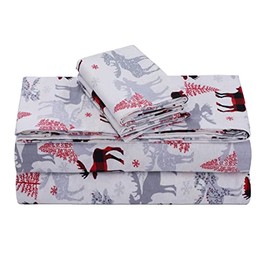 Feather & Stitch Flannel Sheet Set Queen Size Red Deer 16" Deep Pocket 100% Brushed Cotton Winter Bed Sheet Soft Cozy Warm 4 Piece Printed Flannel Collection Bedding with Fitted Sheet & 2 Pillowcase