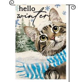 AVOIN colorlife Hello Winter Snow Cat Garden Flag 12x18 Inch Double Sided, Seasonal Holiday Farmhouse Yard Outdoor Decorative Flag