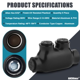 Insulated Splice Connector, 2-14 AWG, Aluminum to Copper Wire Connectors, in-Line Entry Cable Splicers, 5/32" Slotted Allen Hex Insulated Cable Connectors (5 Pack)