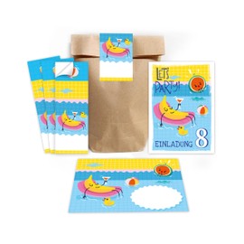 Minkocards 12 Invitation Cards for 8th Children's Birthday Swimming Pool Swimming Boys Girls Invitation Eighth Birthday Including 12 Envelopes, 12 Party Bags / Natural, 12 Stickers