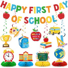 Happy First Day of School Banner Decorations Pre-Strung Glittery Welcome Back to School Garland Hanging Swirl Honeycomb Centerpiece for Kindergarten Classroom Decor Office Home Party School Supplies