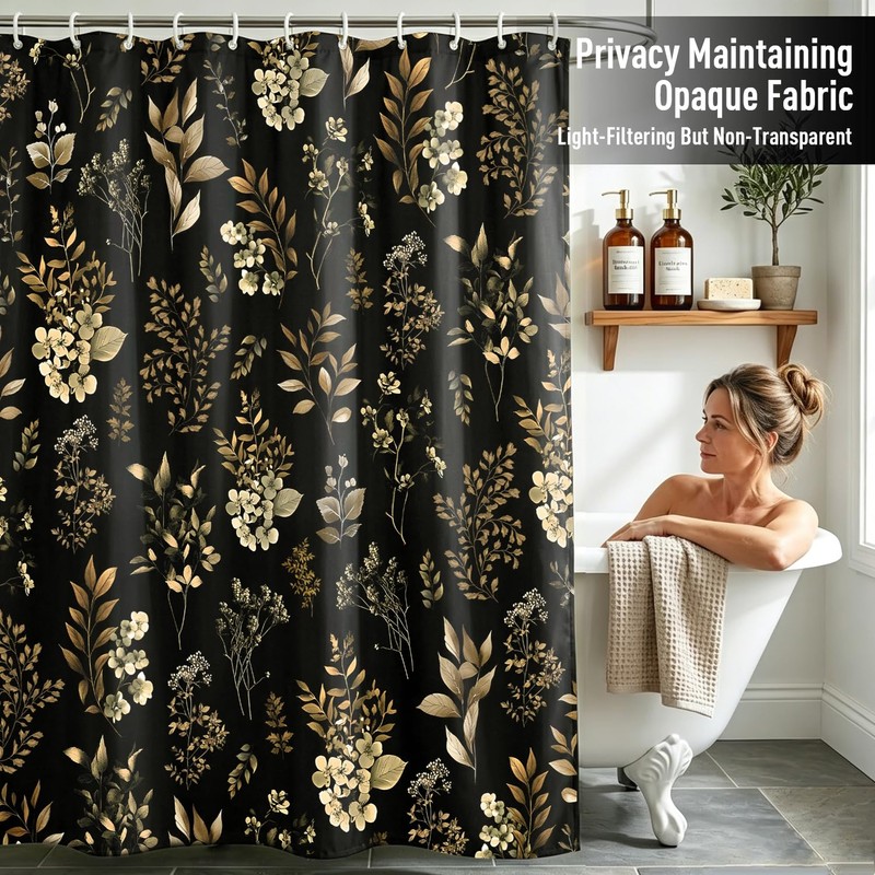 EGLGCC Vintage Floral Shower Curtain, Black Gold, 12 Hooks, 60"