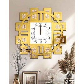 Artloge Crushed Diamond Wall Clock: Decorative 24 inch Round Mirrored Clock with Beveled Glass Mirror Edge Frame and Bling Diamonds, Art Deco Home Modern Decoration for Livingroom, Golden