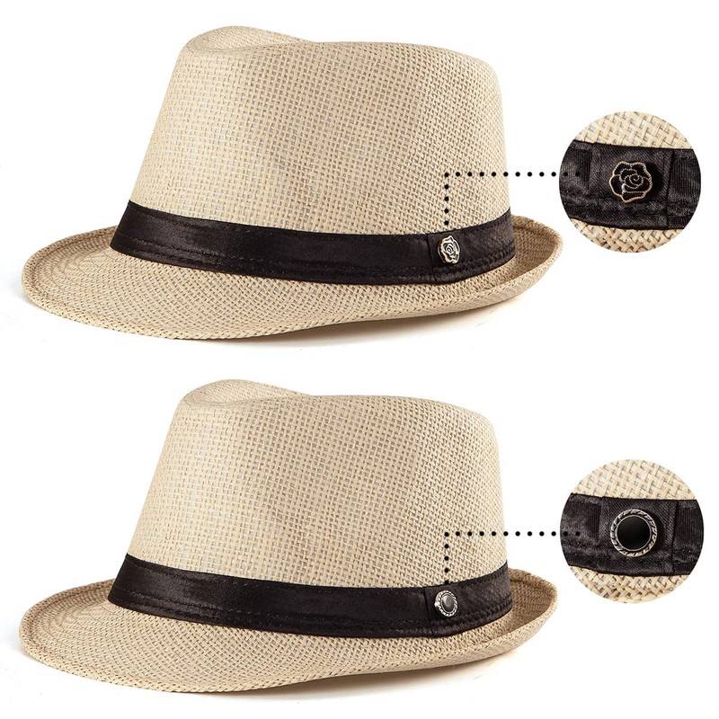 LADYBRO Summer Casual Beige Straw Trilby Fedora Hats for Men,