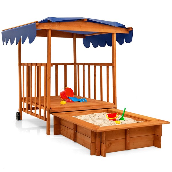 Costzon Kids Retractable Sandbox with Canopy, Wooden Cedar Cabana Playhouse with Large Play Area, Rear Wheels, Guardrails, Children Outdoor Playset Sandpit for Backyard, Home, Lawn, Garden, Beach