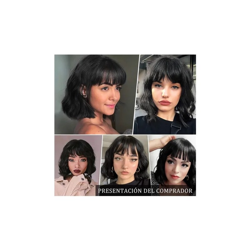Pelucas Para Mujer Ondulada Corto Pelo Negra Cabello Natural