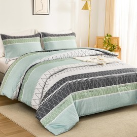 WONGS BEDDING King Comforter Set-Sage Green Comforter, Reversible Boho Striped Bedding Set for King Bed - 3 Pieces (1 Comforter + 2 Pillowcases), Soft Microfiber Down Alternative (104"x 90")