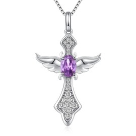 Jiahanzb Birthstone Angel Wing Cross Necklace 925 Sterling Silver Cross Pendant with Colourful Birthstone 12 Months, CZ Diamond Cross Jewellery for Women Birthday Gift, Sterling Silver