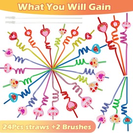 24 Packs Bulk Heart Shape Reusable Plastic Straws, Drink Straws School Activity Student Show Valentine's Day Party Favors Hoilday Supply