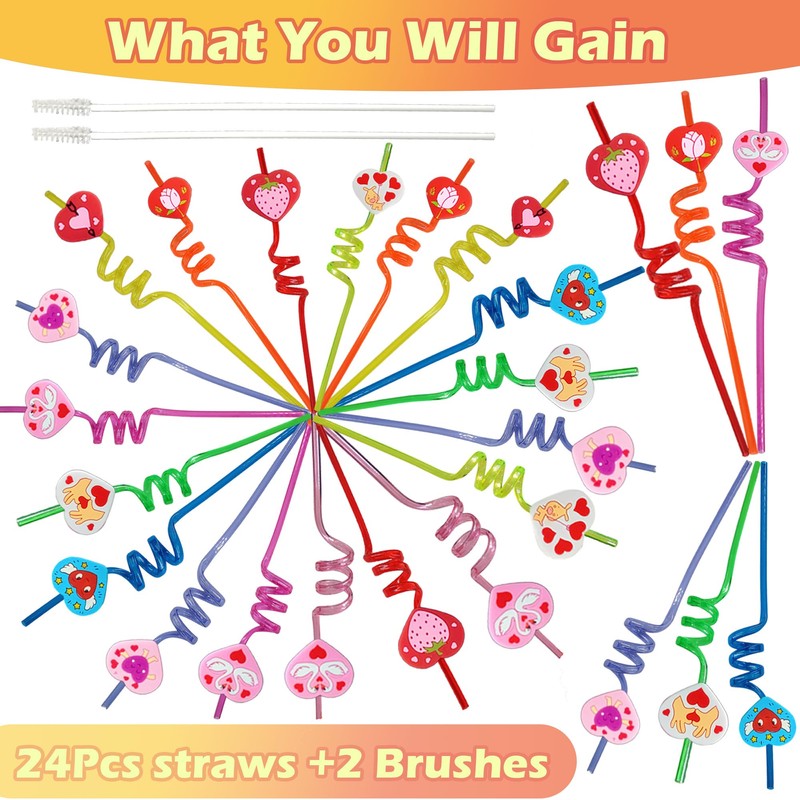 24 Packs Bulk Heart Shape Reusable Plastic Straws, Drink Straws