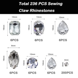 Yixinly Pack of 236 Sew-On Rhinestones, Large Rhinestones for Sewing with Claws, Metal Prong Setting Glass Sewing Gemstones for DIY Craft Clothes, Clothes, Shoes, Bags (White)