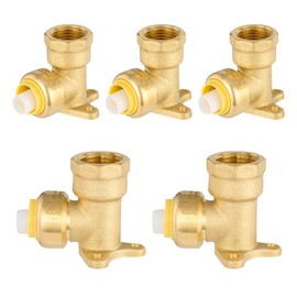 （5 Pack）Foskan Push Fit Brass Fittings, 3/4"PTC x 1/2"Female Thread Drop Ear Elbow With Disconnect Clip, Push to Connect PEX, Copper, CPVC Pipes (PTC x FNPT)