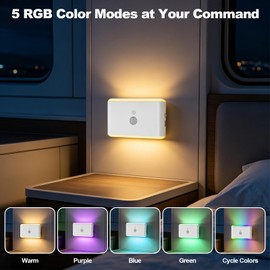 Upgraded 2 Pack Motion Sensor Night Light Cruise Ship Approved, Rechargeable Travel Magnetic Light with 5 RGB Color-Changing Modes, Wireless USB Lights for Indoor Cabin, RV, Bathroom, Hallway, Stairs