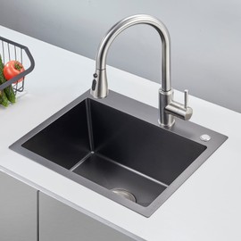 MENATT Commercial 22 X 18 Inch Drop in Single Bowl Kitchen Sinks, 22 inch SUS304 Stainless Steel Handmade Topmount Kitchen Sink (Black)