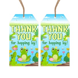 SHADOAMP Frog Baby Shower Thank You Tags, 50pcs Frog Party Favors Thank You for Hopping by Tags Name Goodie Tags for Frog Themed Baby Shower Birthday Rainforest Animal Theme Party Boy