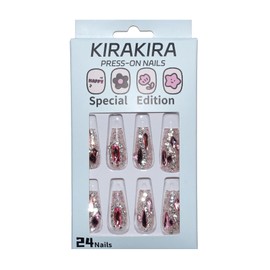 KIRAKIRA Pink Coffin Press On Nails with Chocolate Decorative Design and Flash Diamond Long Fake Nails Full Cover Stick On Nails for Women and Girls 24Pcs (pink salt, medium)