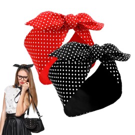 HGNUT Vintage Bohemian Head Scarf Set - 2 Pack Red & Black Hair Bandanas For Women With Bow & Bunny Ear Design - 70s Retro Hair Accessories For Women UK