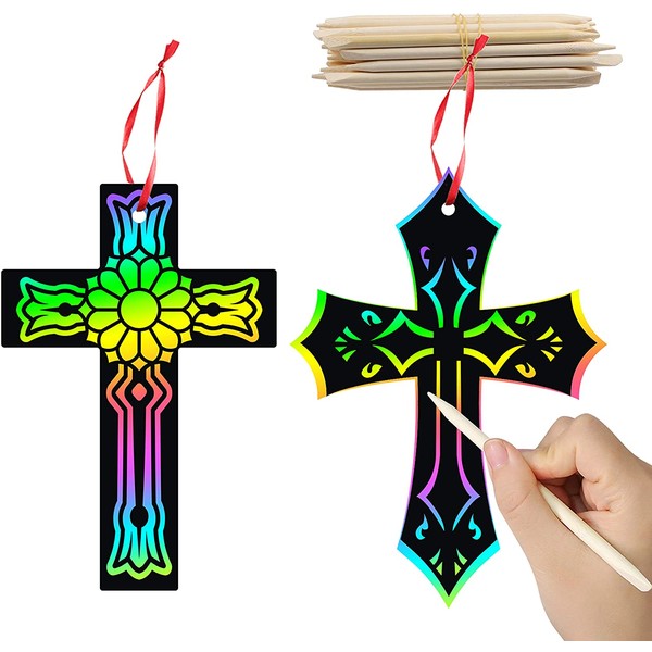 WATINC 60Pcs Scratch Cross Ornaments, Magic Art Rainbow Color Craft Kit for Kids Magic Scratch Party Favors, Scratch Paper Hanging Tags, Birthday Gifts for Kids, DIY Art Craft Kit for Boys Girls