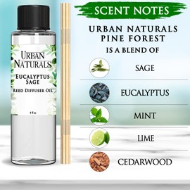Urban Naturals Eucalyptus & Sage Oil Reed Diffuser Refill | Eucalyptus, Sage, Mint, Lime and Cedarwood| Includes a Free Set of Reed Sticks! 4 oz