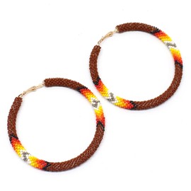 BeadsCorner Handmade beaded Brown native style 3 inch hoop earrings