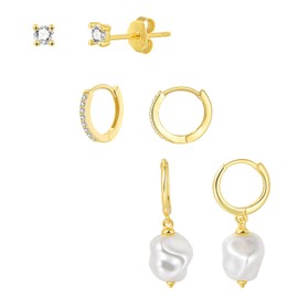 SILBERTALE Set of 3 Pairs of Earrings 925 Silver Small Cubic Zirconia Stud Earrings Hoop Earrings with Pendant Pearls Gold Earrings Girls Women, Sterling Silver