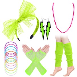 ONUPGO 80s Costumes Accessories Set Fancy Dress Neon Lace Headband Earrings Fishnet Gloves Leg Warmers for 80s Party